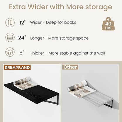 Dreamland Deep Floating Wall Shelves, Black Shelf, Large Floating Shelf 12 * 24 inchSet of 2 Bathroom Wall Shelves Bookshelf for Living Room Bedroom Home Office