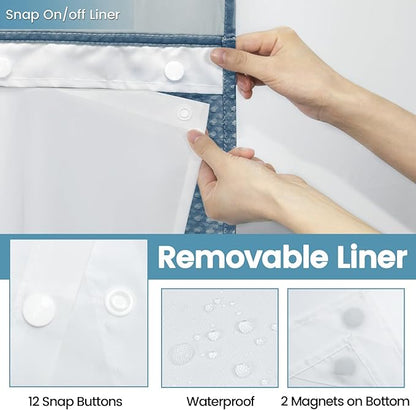 Moonlight Blue Long No Hook Shower Curtain with Snap in Liner,230GSM Waffle Weave Shower Curtains for Bathroom,71W x 86H