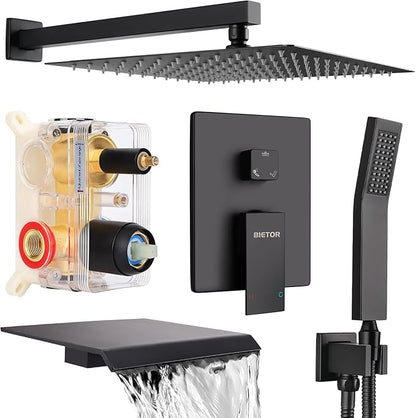 Wall Mounted Shower Faucet Set, Shower System with Tub Spout, 12 Inch Rainfall Shower Head with Handheld Spray, Waterfall Tub Spout Bathtub Faucet, Black
