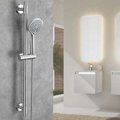 Adjustable Shower Slide Bar with 5-Function Handheld Shower Head, Stainless Steel Grab Slide Bar Combo with Extra Hose (Brushed Nickel)
