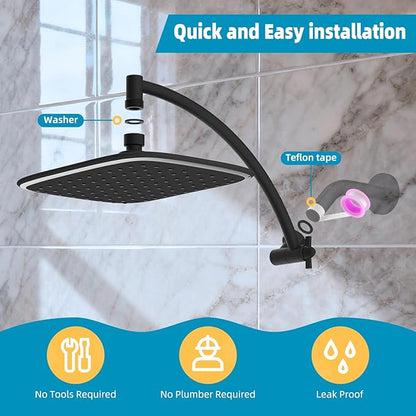 Rain Shower Head with 12" Shower Head Extension Arm, 10" High Pressure Boosting Rainfall/Fixed Showerhead 2.5 GPM, Metal Shower Arm Extender Adjustable Height Angle, Easy Installation, Matte Black