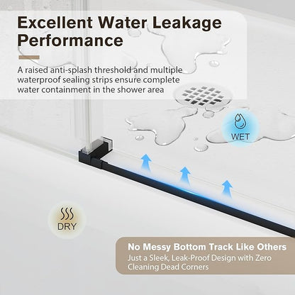 Frameless Glass Shower Door, 55-60" W x 76" H Sliding Frameless Shower Door, 1/4''(6mm) SGCC Tempered Glass, Explosion-Proof Film Nano Coating, Stainless Steel Hardware, Matte Black