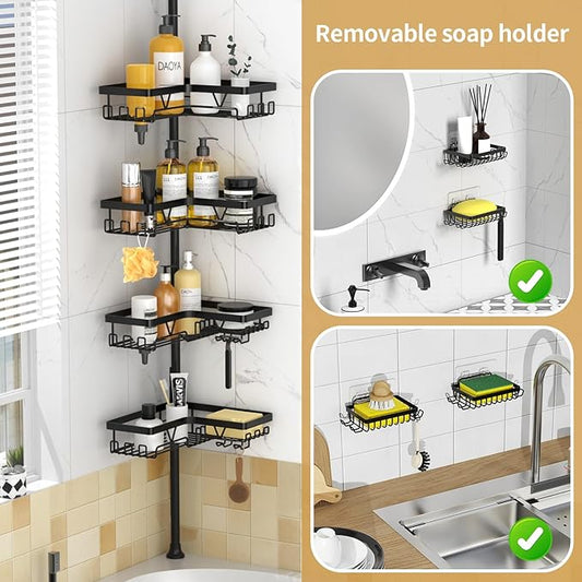 Corner Shower Caddy - 4-Tier Shower Caddy Tension Pole with 2 Removable Soap holders Bathroom Shampoo Holder for Bathtub & Corner, Black, Floor to Ceiling 25-114.2 inch