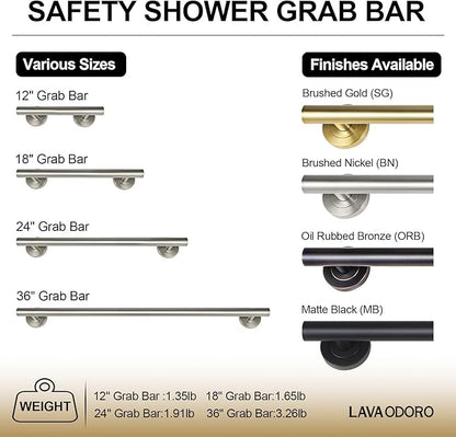 Lava Odoro Shower Grab Bar, Modern Stainless Steel Handicap Grab Bar for Bathtubs and Showers, Shower Safety Bar for Seniors Disabled, ADA-Compliant (Brushed Nickel, 18 Inch)