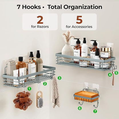 Orimade Adhesive Shower Caddy Soap Dish Holder Shelf with 5 Hooks Bathroom Organizer Basket Kitchen Storage Rack Wall Mounted No Drilling Stainless Steel - 3 Pack, Light Blue Grey