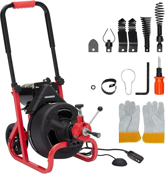 Heavy Duty Electric Drain Cleaner Machine, 100 Ft x 3/8 Inch Sewer Snake, 370w Auto-Feed, 6 Interchangeable Cutters, Gloves, Portable Pipe Cleaning Tool for 2-4 Inch Pipes