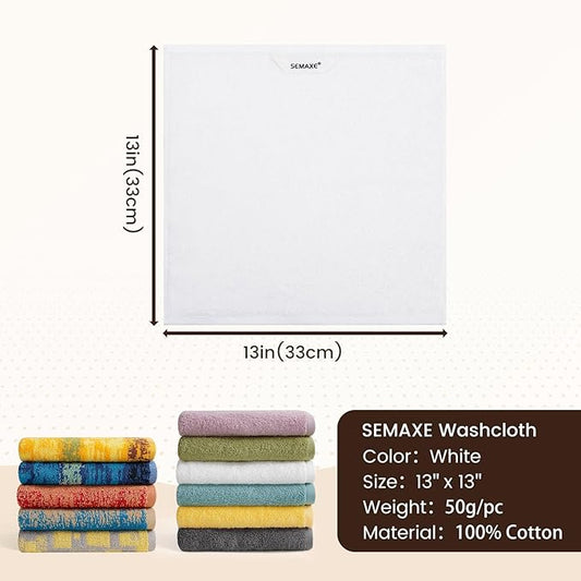 SEMAXE 100% Cotton Washcloths for Bathroom - 24 Pack, Quick-Dry Face Towels with Hanging Loop, Highly Absorbent and Soft, 13x13 Inch, White
