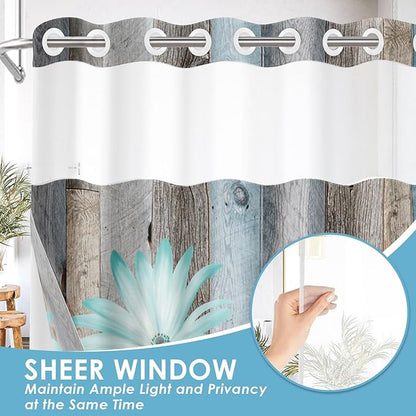 No Hook Rustic Farmhouse Shower Curtain with Snap in Fabric Liner Set, Teal Daisy Flowers and Butterfly on Wooden Double Layers Waterproof with See Through Top Bath Curtain 71x74 Inch