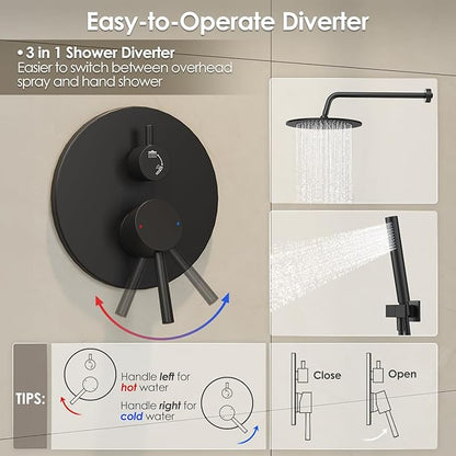 Gabrylly Black Shower Faucet Set, Wall Mounted System with Shower Valve, High Pressure 10" Rain Shower head with Handheld Spray Combo, 2 Way Rainfall Shower Fixtures, Matte Black