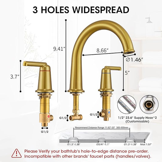 High Flow Roman Tub Faucet with Valve, Widespread Solid Brass 3 Hole Bathtub Faucet, 2 Handle Deck Mount Bath Tub Filler with Supply Water Hoses, Brushed Gold