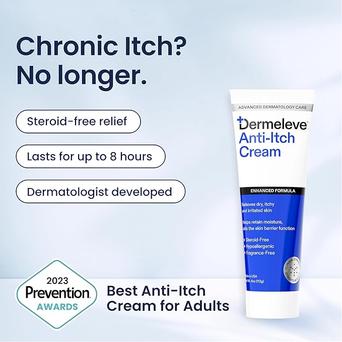 Dermeleve Steroid Free Anti-Itch Cream | Extra Strength for Psoriasis, Seborrheic Dermatitis, Viral Rash, Bug Bites, Allergy, Chronic Hives, Neuropathy (Nerve) | Full Body Itch Relief | 4 oz (3 Pack)