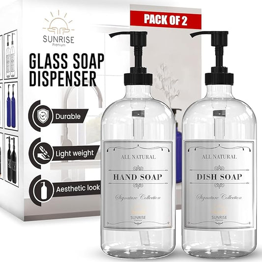 16 OZ Thick Clear Glass Soap Dispenser with Pump 2 Pack, Hand and Dish Soap Dispenser Set for Bathroom and Kitchen with 6 Waterproof Labels