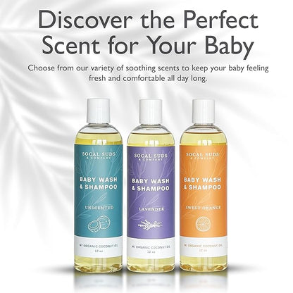 SoCal Suds & Company Organic Baby Shampoo and Body Wash - 2-in-1 Castile Soap, Hypoallergenic, Sensitive Skin, Natural Soap, Toddler Shampoo, Infant, Newborn, Kids Body Wash - 12oz Fragrance Free