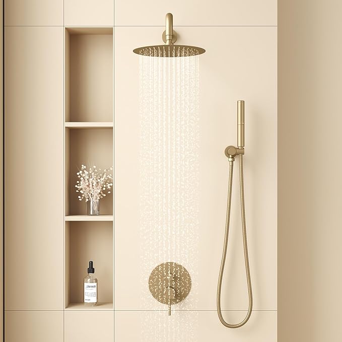 BESy Shower System with 10 Inch Round Rain Shower Head and Handheld Wall Mounted, High Pressure Rainfall Shower Faucet Fixture Combo Set with 2 in 1 Handheld Showerhead for Bathroom, Brushed Gold