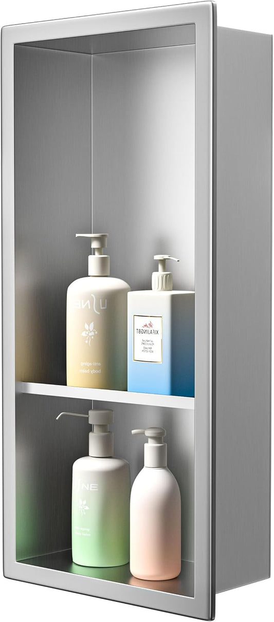 Stainless Steel Shower Niche 18"× 8" Brushed with 2- Tier Shelf No Tiled Needed Niche Shower for Wall Recessed Shower Shelf for Bathroom Storage