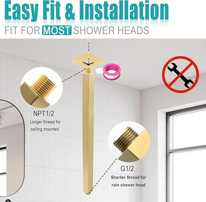 Brushed Gold Shower Arm with Flange and Teflon Tape for High Ceiling or Fixed Rain Showerhead, Universal Connection 16-inch Square Straight Shower Head Extender Extension Pipe, 304 Stainless Steel