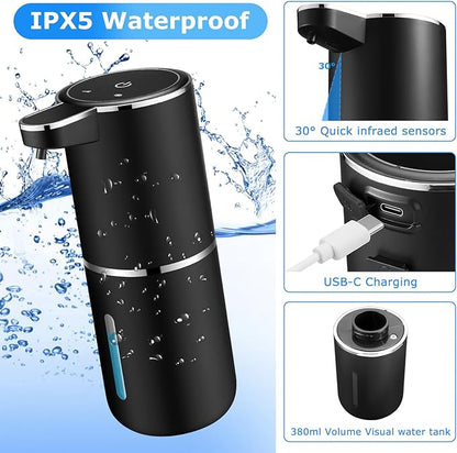 Automatic Soap Dispensers,12.8oz/380ml USB Touchless Automatic Foaming Soap Dispenser,Rechargeabled Wall Mounted Smart Soap Dispenser for Bathroom Kitchen Dish Soap(Black)