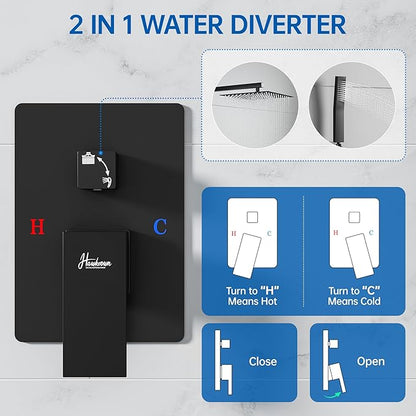 12 Inch Luxury Rain Shower Faucet Set, Matte Black Shower System with Rainfall Shower Head and Handheld Spray, SUS304 Stainless Steel and Solid Brass Wall Mounted Shower Valve Trim Kit