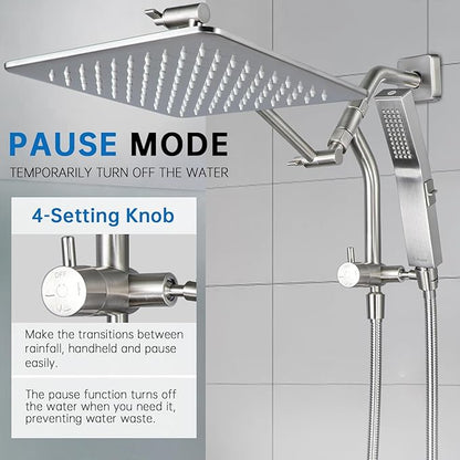 G-Promise All Metal 12 Inches Rain Shower Head with Handheld Built-in Power Wash Mode, 3-way Diverter with Pause Setting, 11 Inches Adjustable Extension Arm with Lock Joint, Long Hose (Brushed Nickel)
