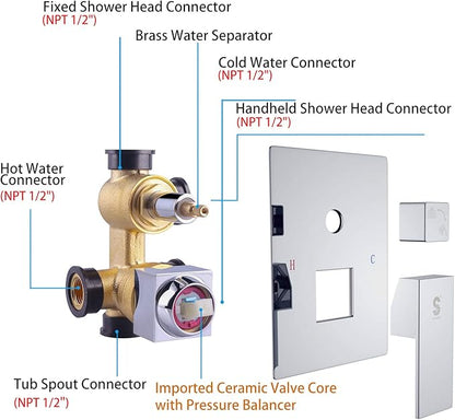 SR SUN RISE 12 Inches All Metal Bathtub Faucet Set Shower System with Tub Spout Rainfall Shower Head and Handheld Combo Modern Shower Fixtures Include Valve and Trim Kit, Polished Chrome