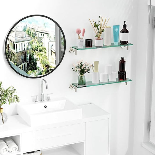 Glass Shelves for Bathroom,16-Inch Brushed Nickel Floating Bathroom Shelf Stainless Steel Tempered Glass Shelf Modern Shelves Wall Mounted