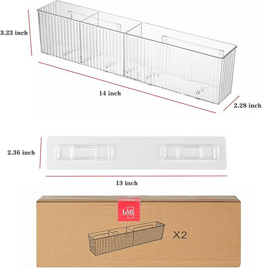 2 Pack Bathroom Makeup Organizer Wall Mount Clear Bathroom Organizers and Storage with 3 Compartments Plastic Storage Organizer Bins Floating Shelves for Wall, Narrow Space, Office, Bedroom 14''Length