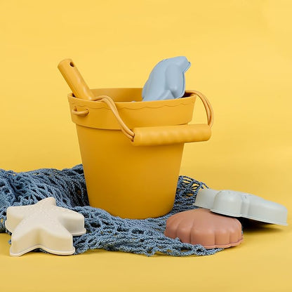 BLUE GINKGO Silicone Beach Toys - Modern Baby | Travel Friendly Toys Set | Silicone Bucket, Shovel, 4 Sand Molds, Beach Bag | Sand Toys for Toddlers, Kids - Yellow