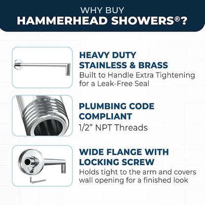 HammerHead Showers® Solid Metal 16 Inch Extended Shower Arm and Flange with Set Screw, Long Shower Arm, Extends Rain Shower Overhead, Wall-Mounted Rain Shower Arm, Chrome