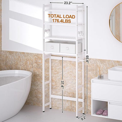 Over The Toilet Storage with 2 Baskets, 4-Tier Bamboo Organizer Rack with Paper Holder & 4 Hooks & Waterproof Feet Pad,Freestanding Shelf for Bathroom(White)