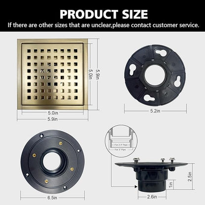 6 Inch Square Shower Drain with Flange, Removeable Grate SUS 304 Stainless Steel Shower Drain with Hair Catcher (Brushed Gold, 6 Inch)