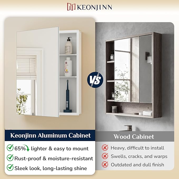 Keonjinn 40 x 32 Inch Large Medicine Cabinet Mirror, Assembly Required, White Bathroom Medicine Cabinets, Aluminum Framework, Adjustable Shelves, Tempered Glass, Soft Closing, Recessed or Wall Mount