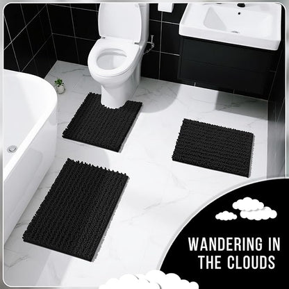 Yimobra Bathroom Rugs Sets 2 Piece - Quick Dry Extra Thick Luxury Chenille Bath Mat, Non Slip Super Absorbent for Tub Shower Sink, Machine Washable Shaggy Floor Mat, 44"x24"+24"x17" Inch, Black