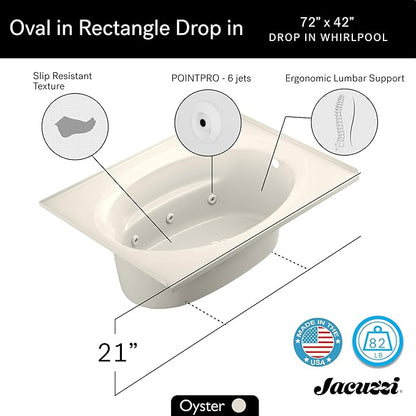 Jacuzzi SIGNATURE Acrylic Drop-In Bathtub, Heated Jet Massage Tub, Slip Resistant, Right Drain Placement, 72" (L) x 42" (W), Oval In Rectangle, Oyster