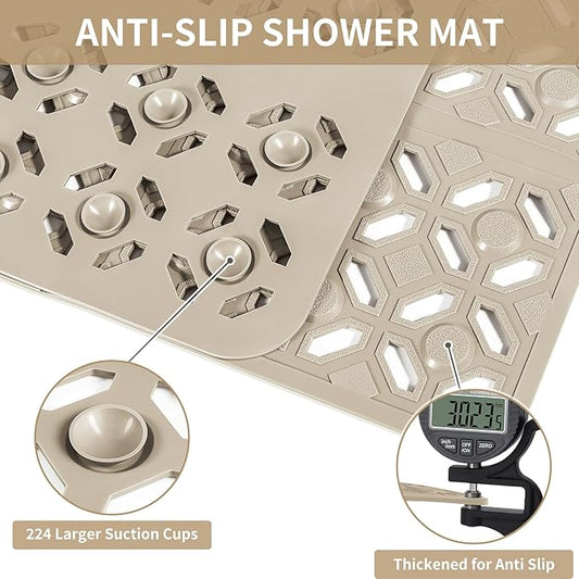 OTHWAY Square Shower Mat, 27"x 27" Extra Large Shower Mats for Inside Shower, TPE Anti Slip Shower Mat with Suction Cups Drain Holes, Machine Washable Shower Floor Mat (Brown)