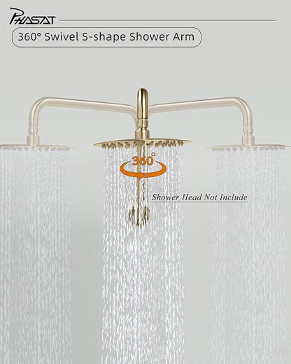 PHASAT 16 Inches Shower Arm Extension,S shaped Shower Arm with Flange,304 Stainless Steel High Rise Shower Head Arm Brushed Gold,PU9J01-M