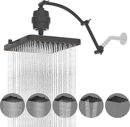 Hibbent Rain Filtered Shower Head, 13'' High Pressure Rainfall 5 Modes Showerhead with 16" Shower Head Extension Arm, Brass Adjustable Shower Arm Extender, 20 Stage Shower Filter, Oil Rubbed Bronze
