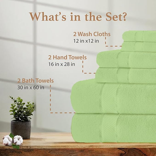 100% Cotton Bath Towel Set, Set of 6 Bath Towels, 2 Bath Towel, 2 Hand Towels, 2 Wash Cloths for Showering, Highly Absorbent Bathroom Set, Super Soft & Quick Dry Towels for Bathroom, Sage