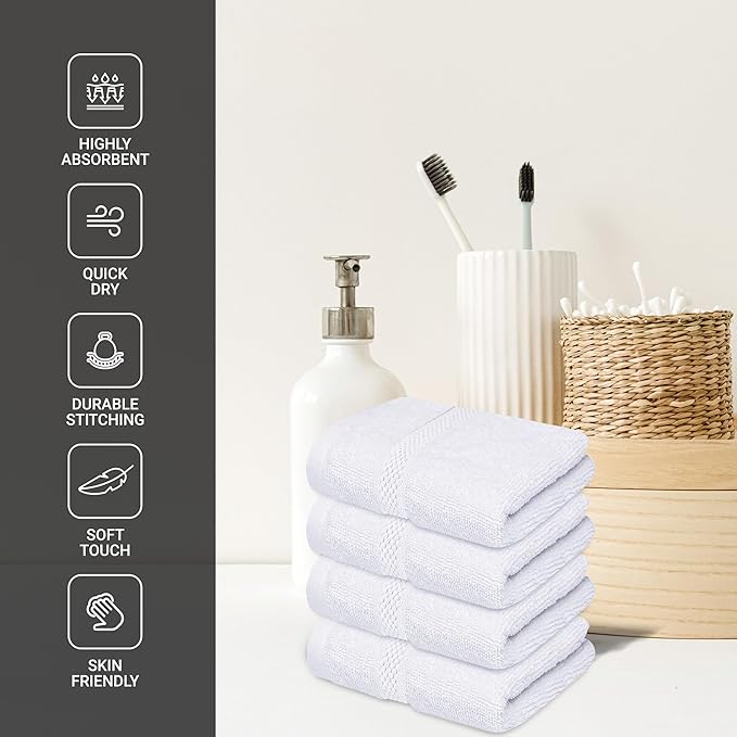 Infinitee Xclusives Luxury Wash Cloths for Showering [13x13] – 100% Cotton Washcloths [Pack of 4], Soft and Absorbent Face Towels for Bathroom Wash Clothes, Gym, and Spa (Brilliant White)
