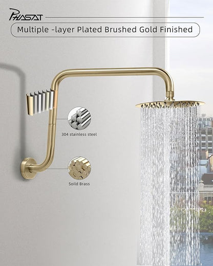 PHASAT 16 Inches Shower Arm Extension,S shaped Shower Arm with Flange,304 Stainless Steel High Rise Shower Head Arm Brushed Gold,PU9J01-M