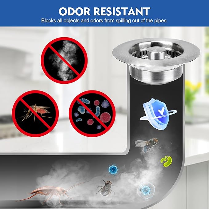 Upgraded 3 in 1 Kitchen Sink Drain Strainer - Stainless Steel Sink Stopper, Anti-Clogging Sink Food Catcher Basket, Fast Drainage Odor Filter Sink Plug