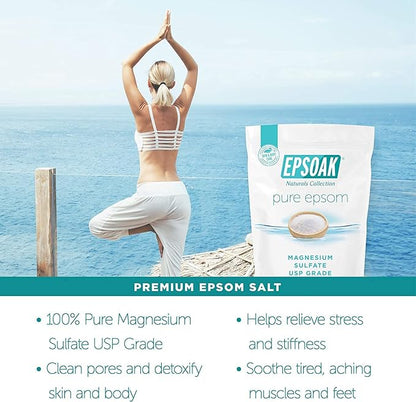 Epsoak Epsom Salt 10 lb. Magnesium Sulfate USP. (Qty. 1 x 10lb. Bags) Resealable Epsom Salt Bulk Bags Unscented, Made in The USA, Cruelty-Free Certified