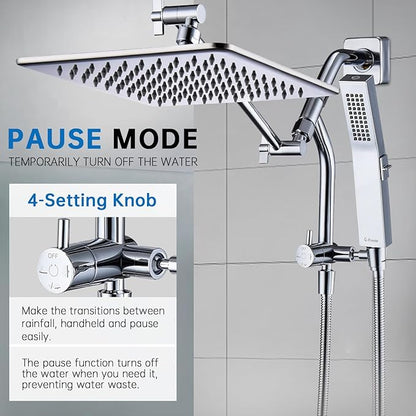G-Promise All Metal 12 Inches Rain Shower Head with Handheld Built-in Power Wash Mode, 3-way Diverter with Pause Setting, 11 Inches Adjustable Extension Arm with Lock Joint, Long Hose (Chrome)