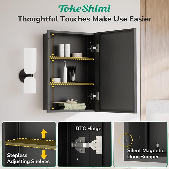 TokeShimi 16x24 Recessed Medicine Cabinet with Mirror, Black Bathroom Medicine Cabinet with Mirror, Bathroom Mirror with Storage, Beveled Aluminum Frame