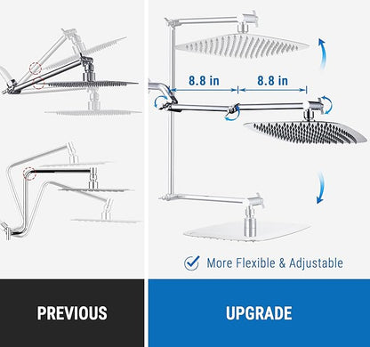 G-Promise 18 Inch Shower Head Extension Arm, Solid Brass Height & Angle Adjustable Extender, Rise or Lower Rainfall and Fixed Shower Head (Chrome)