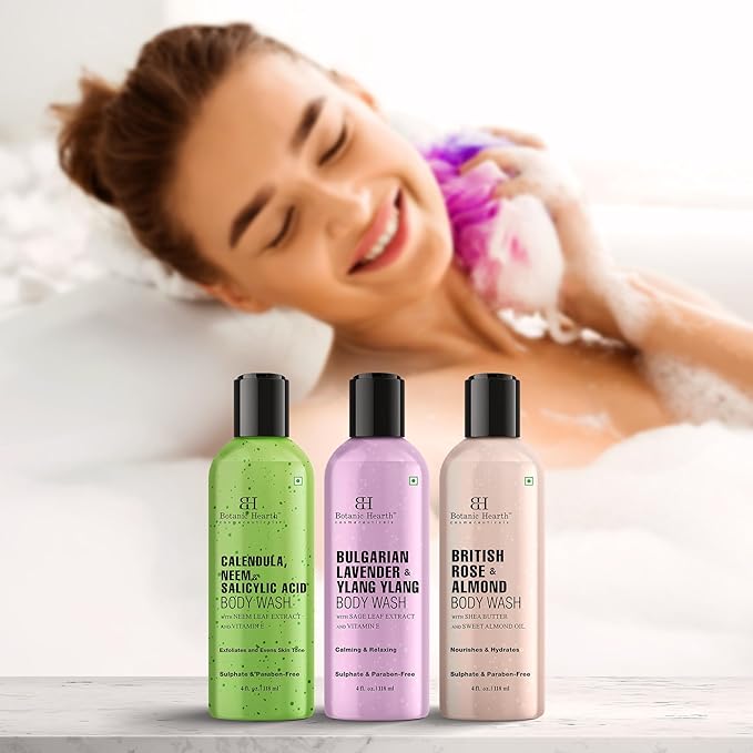 Botanic Hearth Relax & Renew Body Wash Set – British Rose, Lavender & Calendula Neem, Travel-Size 3-Pack, Gentle Cleansing Shower Gel – 4 fl oz Each