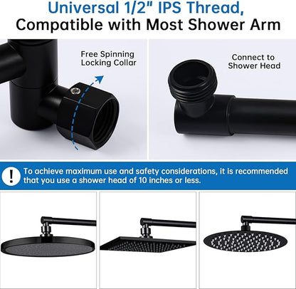 G-Promise 13 Inch Shower Head Extension Arm, Solid Brass Height & Angle Adjustable Extender, Rise or Lower Rainfall and Fixed Shower Head (Matte Black)