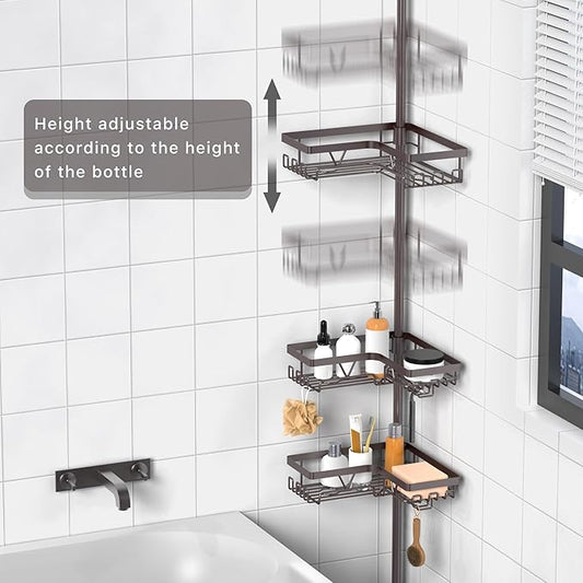 KEGII 4-Tier Corner Shower Caddy Tension Pole - Waterproof Shower Rod Organizer, Floor to Ceiling Tension Rod 25-114.2 inch, Stainless Steel Corner Shower Shelf, Bronze