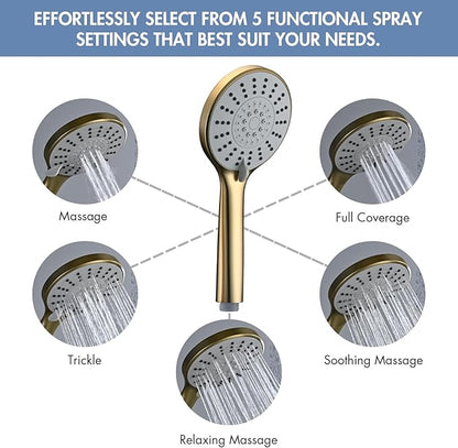 Adjustable Shower Slide Bar with 5-Function Handheld Shower Head, Stainless Steel Drill-free Mounted Slide Bar Combo with Extra Hose (Brushed Gold)