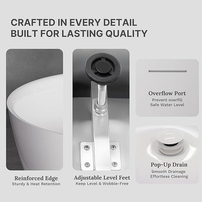 67" Acrylic Freestanding Soaking Bathtub, Modern Oval Acrylic Bath Tub with Pop-up Drain & Integrated Overflow for Soaking and Bathing, cUPC Certified, Glossy White Finish