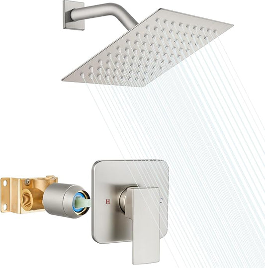 Heyalan 8 Inch Shower Head and Handle Set Square Shower Faucet Set Bathroom Rainfall Shower System Stainless Steel Showerhead Single Function Shower Trim Kit,Female Thread Valve,Brushed Nickel